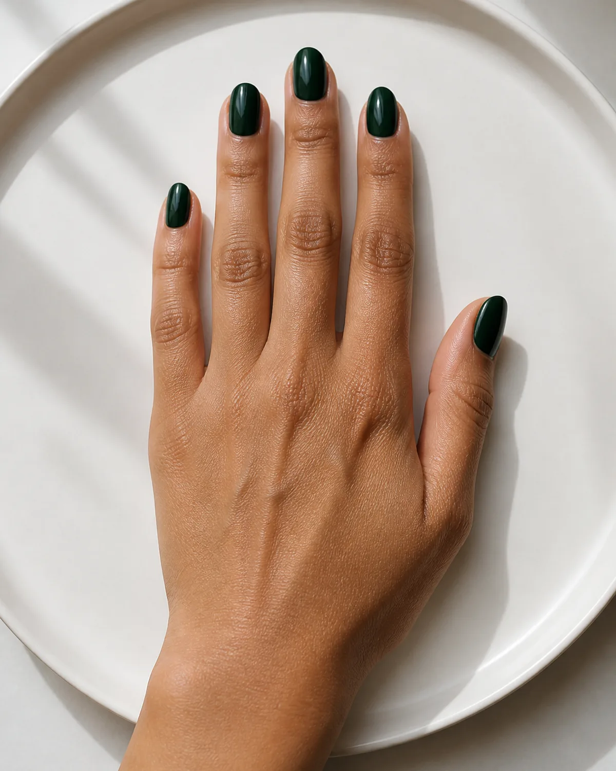 Single hand with deep bottle green translucent jelly nail polish on oval shaped nails resting on white ceramic plate in soft window light