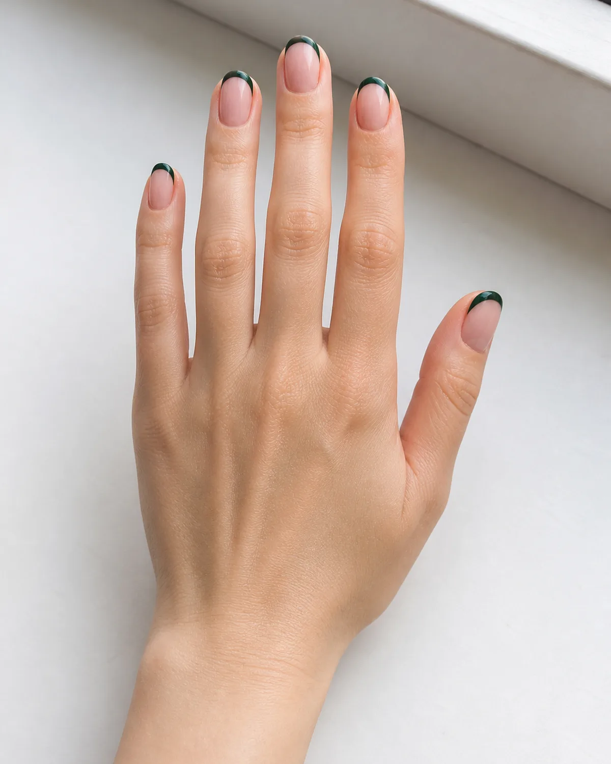 Single hand with dark forest green French tip nails on short round shaped nails resting palm-down on white windowsill in natural light