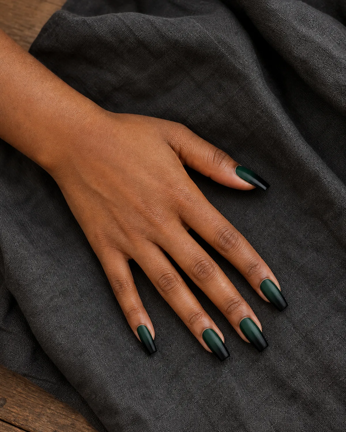 Single hand with dark-to-darker green ombre gradient nail polish on medium coffin shaped nails resting on charcoal linen cloth on wood surface
