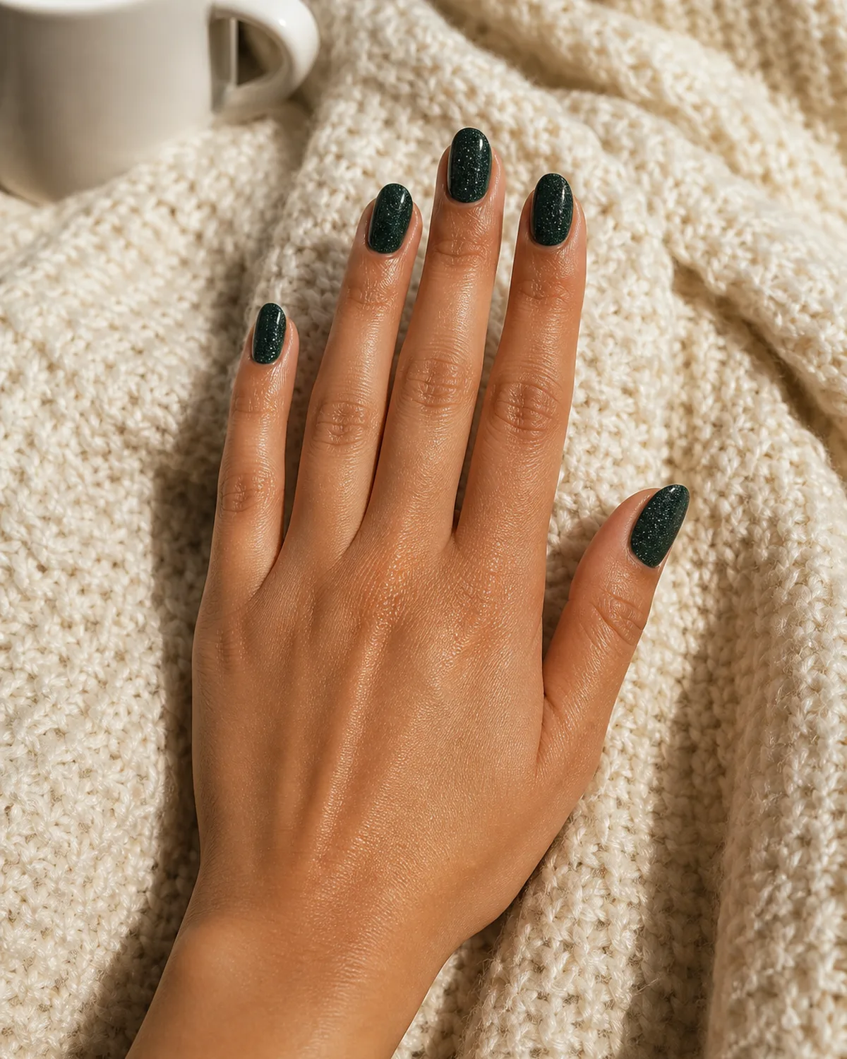 Single hand with dark green nail polish base packed with matching green micro glitter on short almond shaped nails resting on cream knit throw beside small white mug