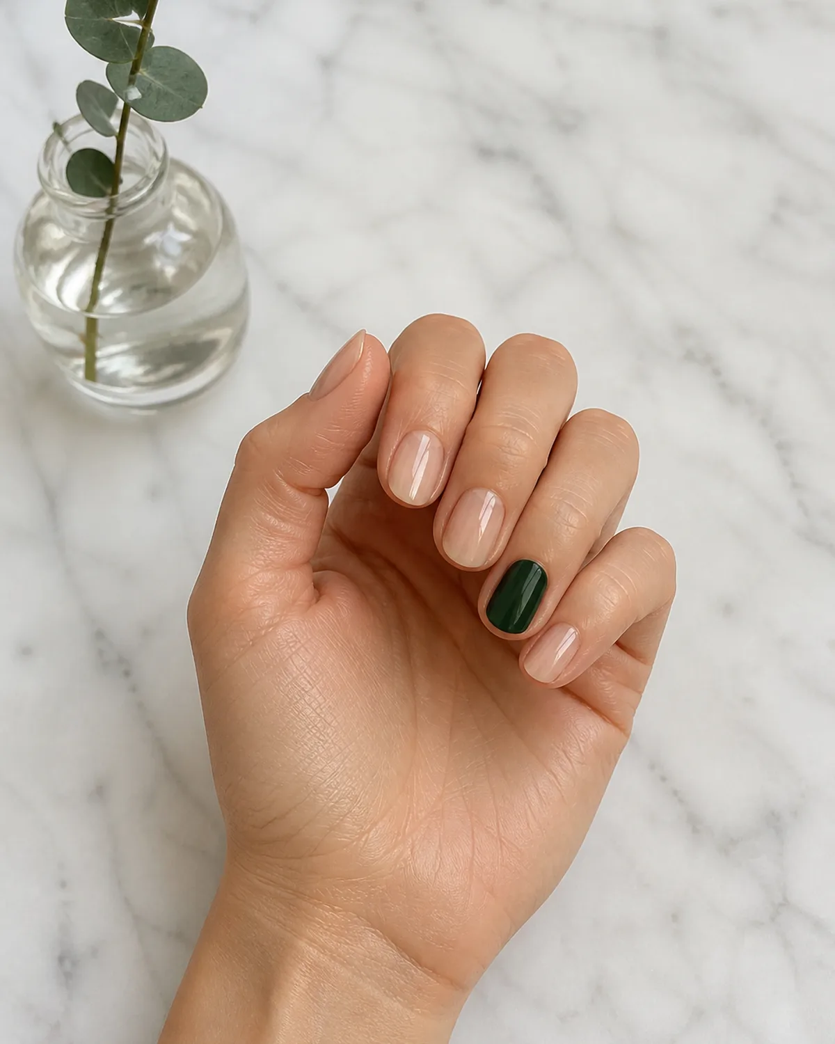 Single hand with nine nails in sheer nude polish and one accent nail in deep forest green on white marble surface beside small glass vase with eucalyptus stem