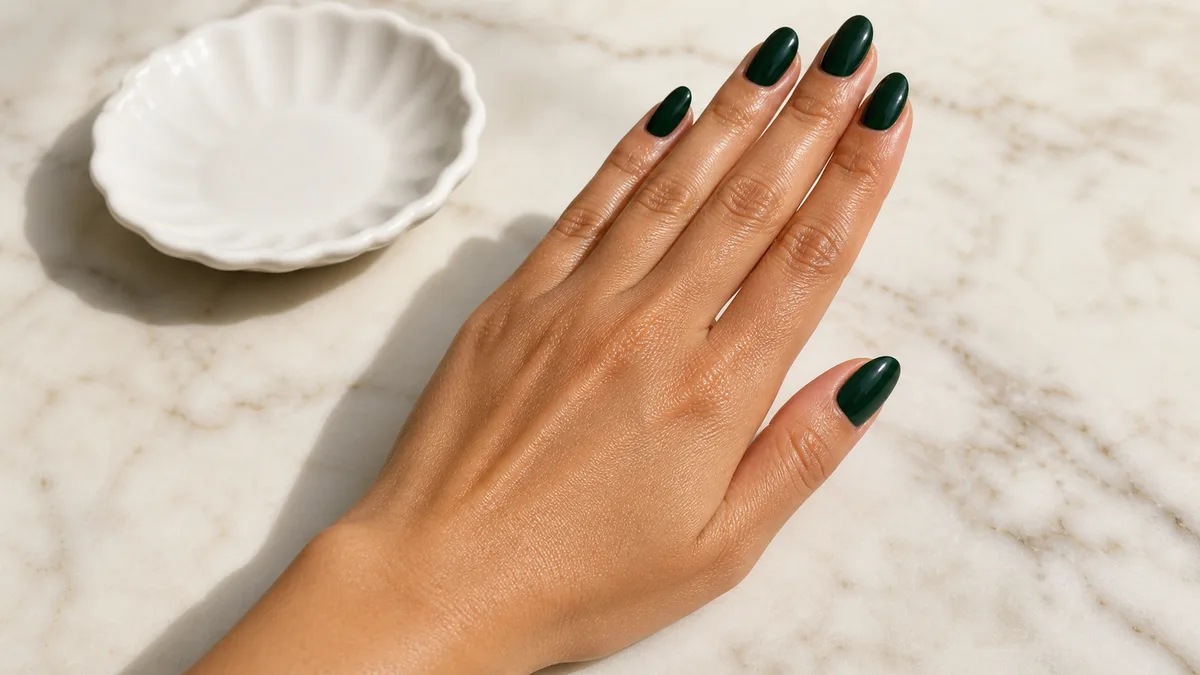 Single hand with deep forest green glossy crème nail polish on medium almond shaped nails resting palm-down on cream marble countertop beside small white ceramic dish