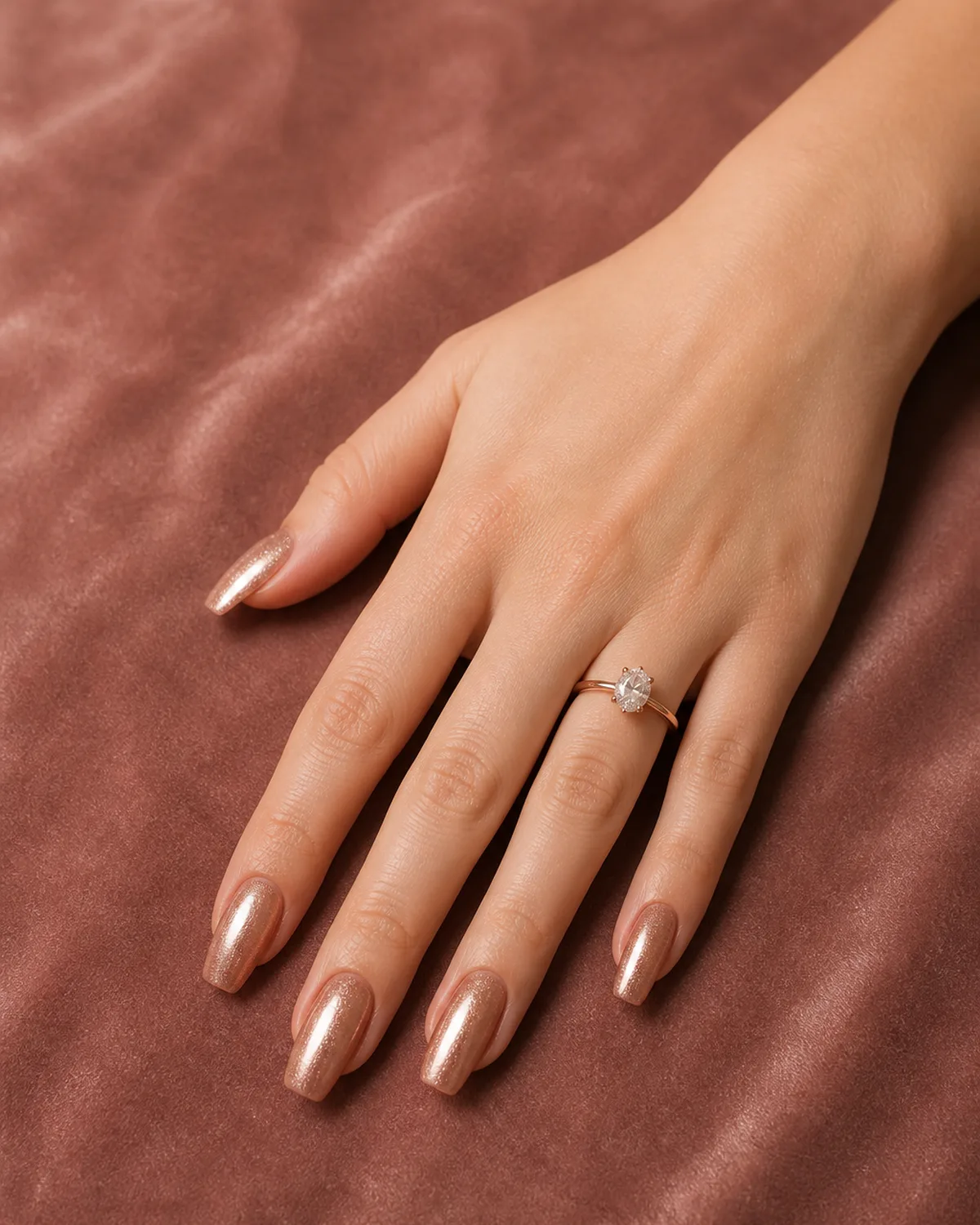 Single left hand with rose gold shimmer metallic polish on medium coffin nails resting on dusty rose velvet surface with rose gold engagement ring on ring finger