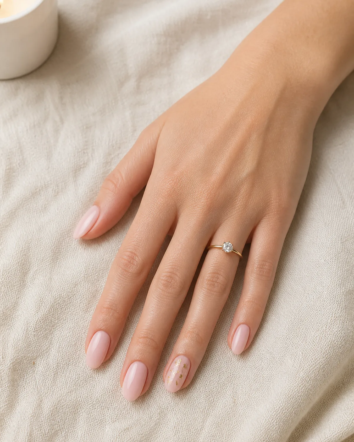 Single left hand with soft blush pink polish on medium almond nails and scattered gold foil fragments on ring finger nail on cream linen near white candle with engagement ring visible
