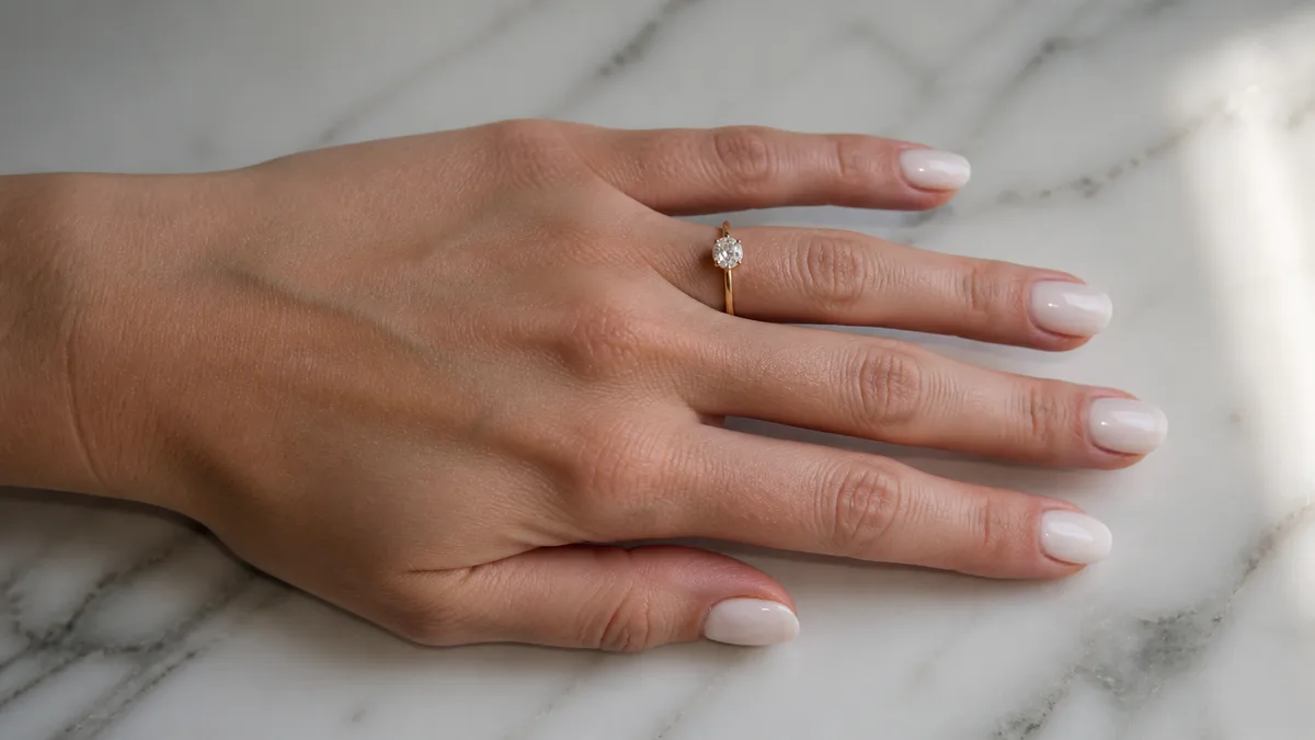Single left hand with milky white gel polish on medium oval nails resting palm down on white marble countertop showing engagement ring on ring finger