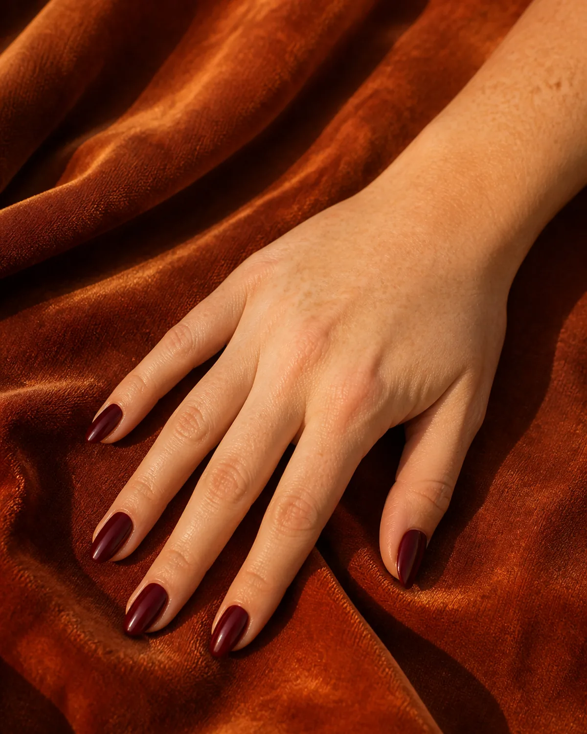 Single hand with deep burgundy high-gloss polish on medium almond nails palm down on rust-colored velvet fabric