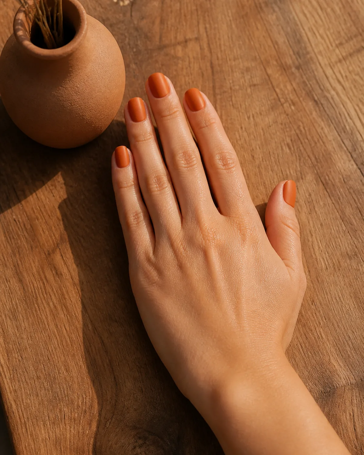 Single hand with earthy burnt orange matte-finish polish on short square nails palm down near a small terracotta vase on warm wood surface