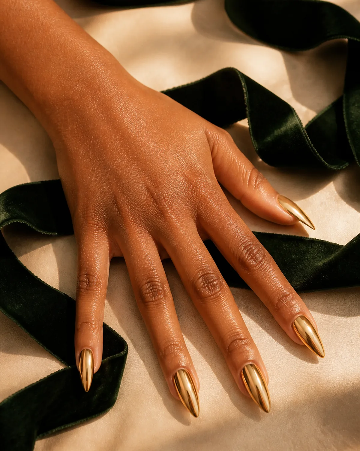 Single hand with mirror-finish gold chrome polish on medium stiletto nails palm down on dark green velvet ribbon on cream surface