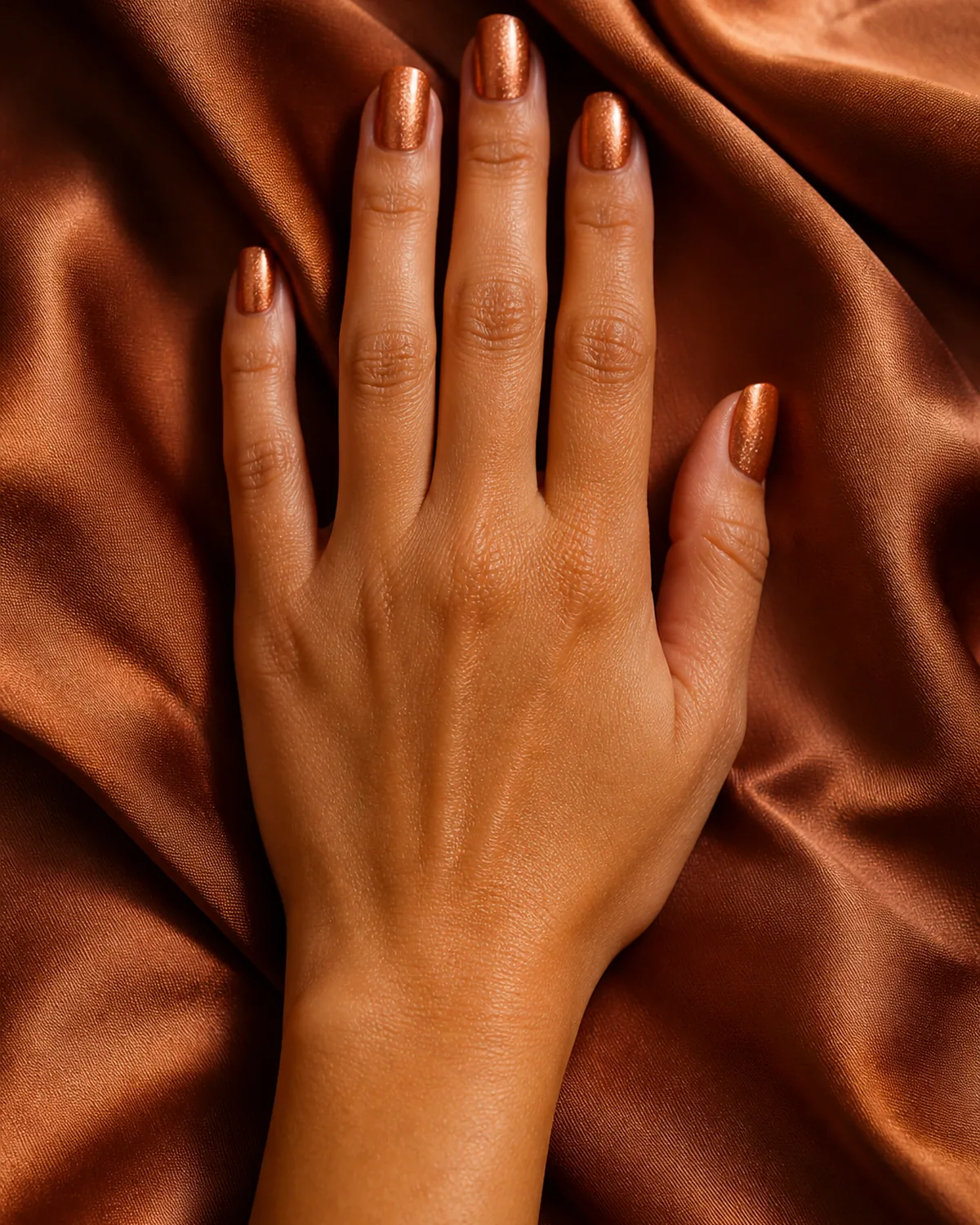 Single hand with warm copper shimmer polish on squoval nails palm down on folded copper-toned silk fabric