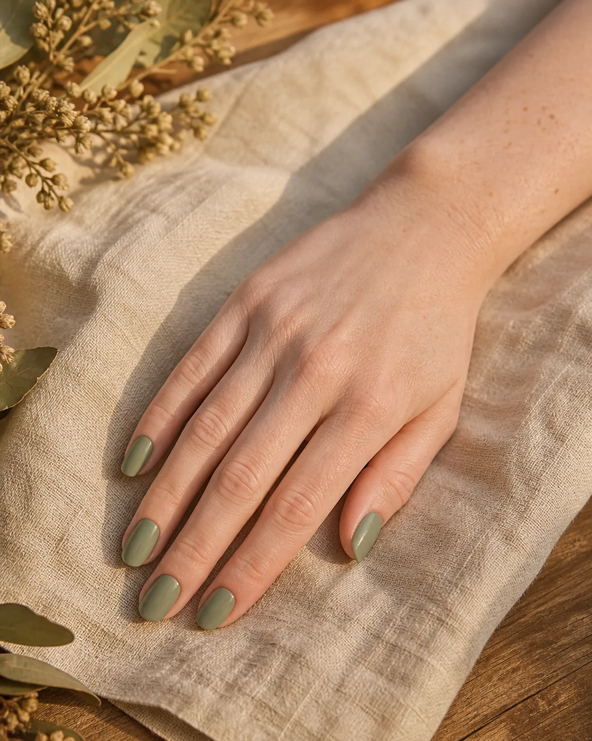 Single hand with muted sage green matte polish on medium oval nails fingers resting on cream linen swatch on wood surface