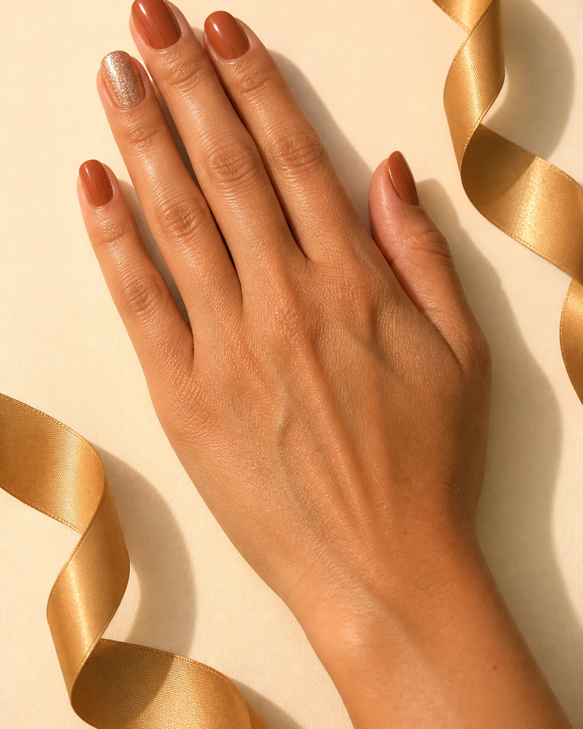 Single hand with warm cinnamon polish on nine nails and fine champagne glitter on ring-finger accent nail palm down on ivory card stock beside gold ribbon