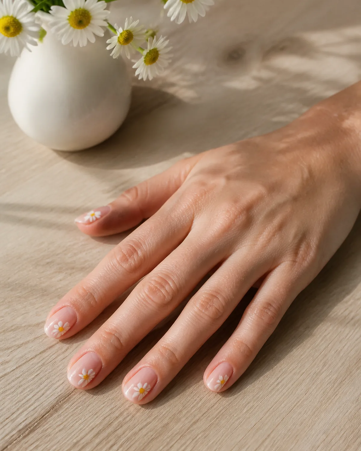 Single hand with tiny white daisy nail art with yellow centers on sheer nude base short almond nails resting on pale wood beside white vase of daisies
