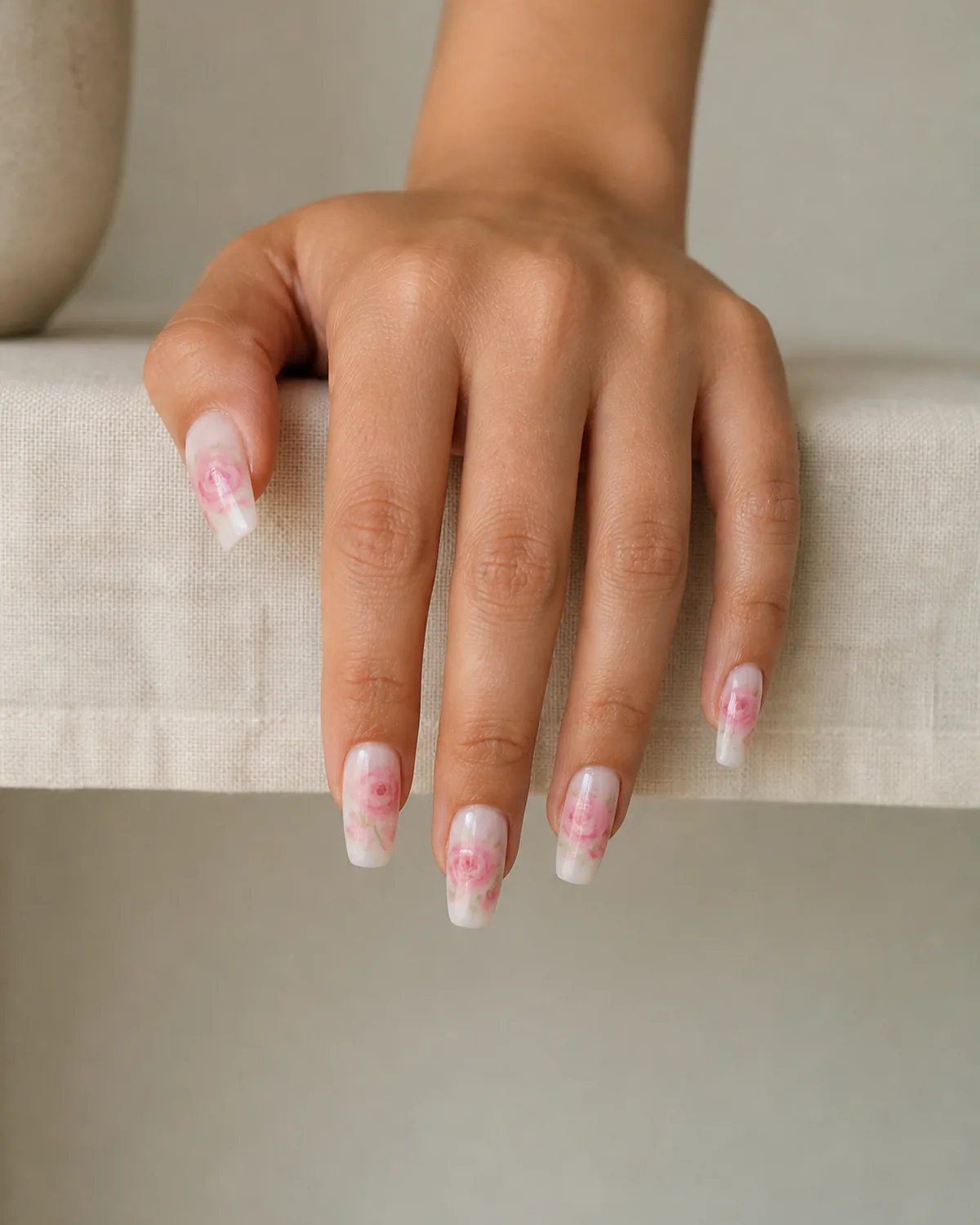 Single hand with soft blush-pink watercolor rose nail art on milky white base medium coffin nails draped over cream linen shelf edge