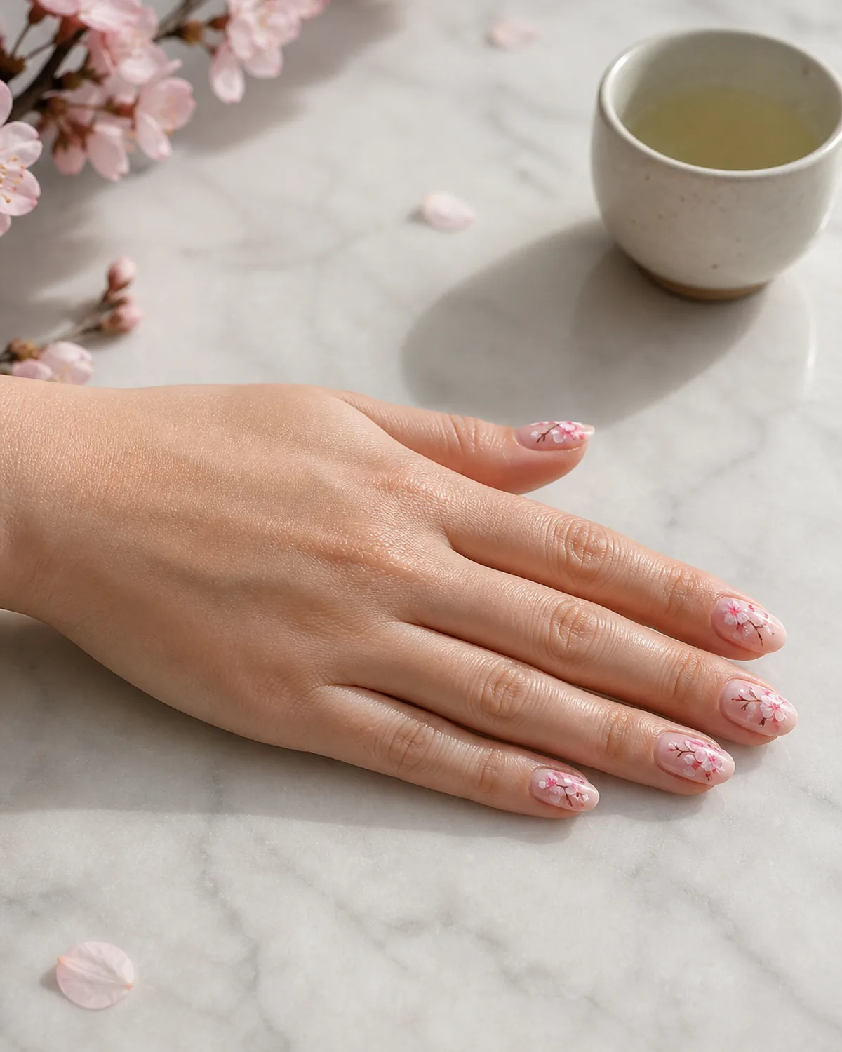 Single hand with delicate pink cherry blossom branch nail art on soft pink base oval nails lying flat on pale marble beside ceramic tea cup