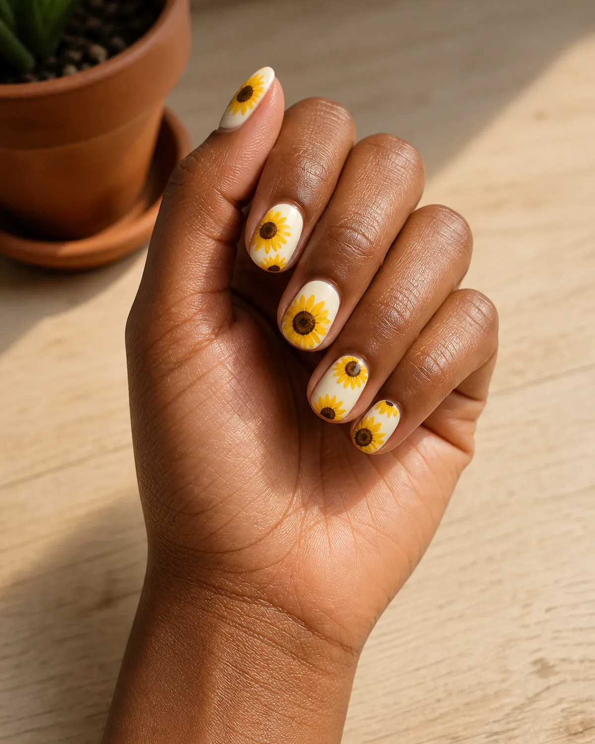 Single hand with bold yellow sunflower nail art with dark brown centers on warm white base short round nails beside terracotta pot on light wood