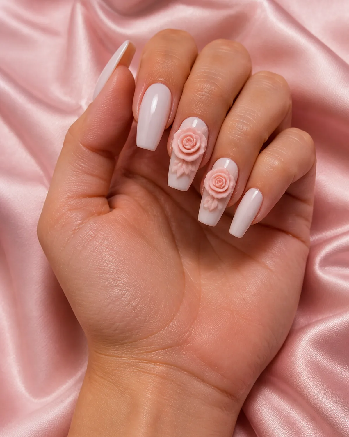 Single hand with sculpted three-dimensional blush pink acrylic roses on soft white base medium coffin nails resting on pale pink satin fabric