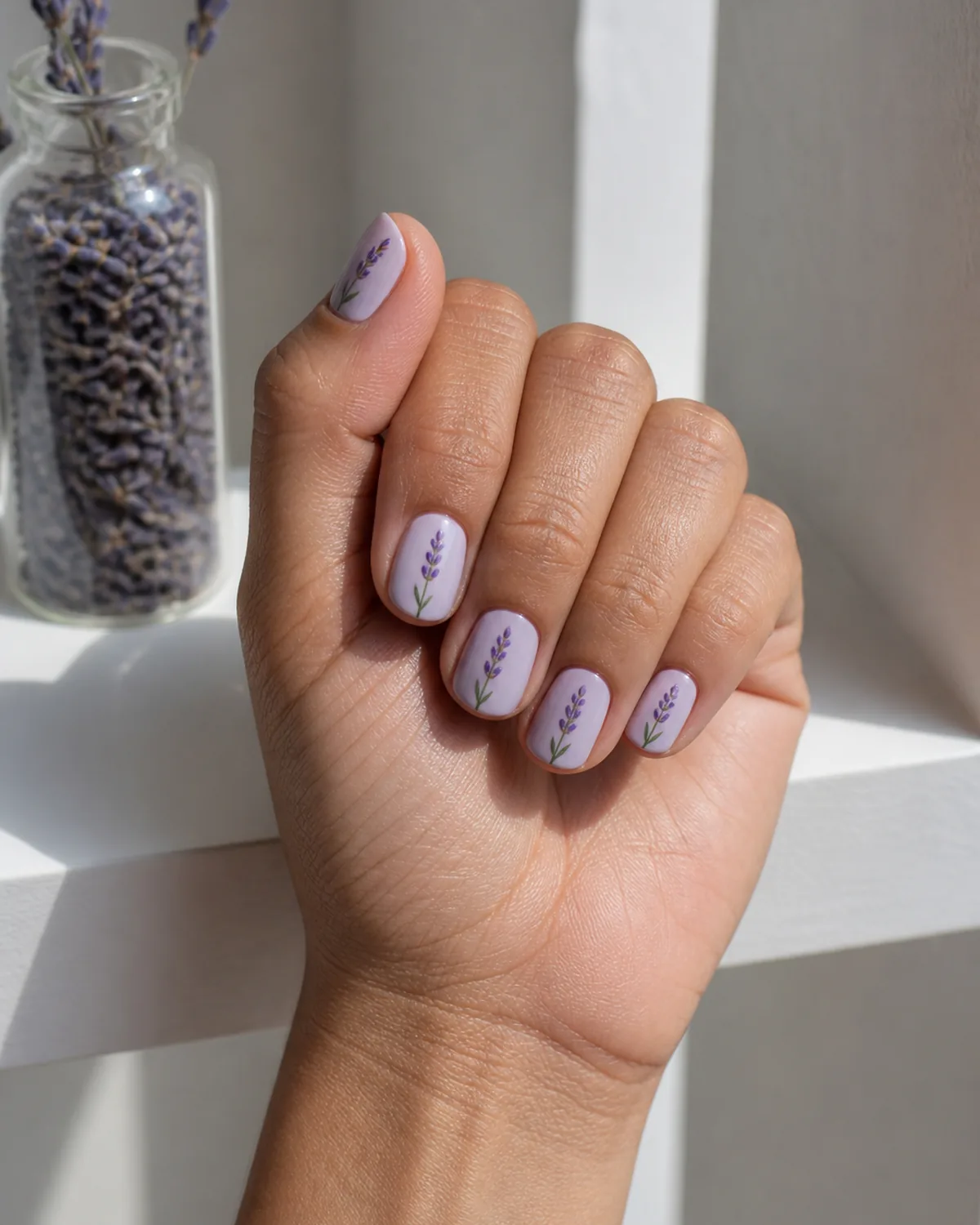Single hand with tiny purple lavender sprig nail art on pale lilac base short squoval nails in relaxed fist beside glass bottle of dried lavender