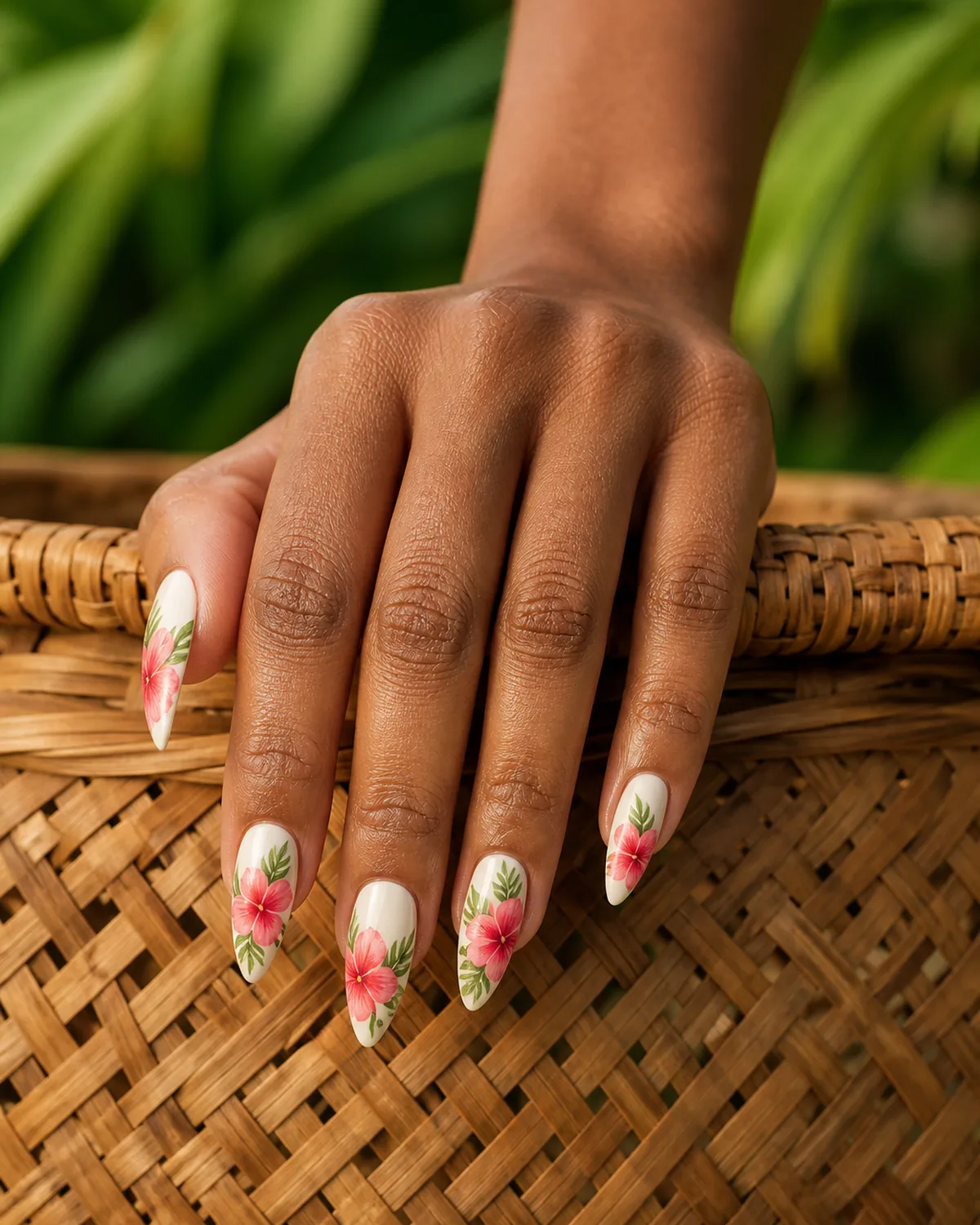 Single hand with tropical coral-pink hibiscus and green leaf nail art on warm white base medium stiletto nails draped over woven rattan basket edge