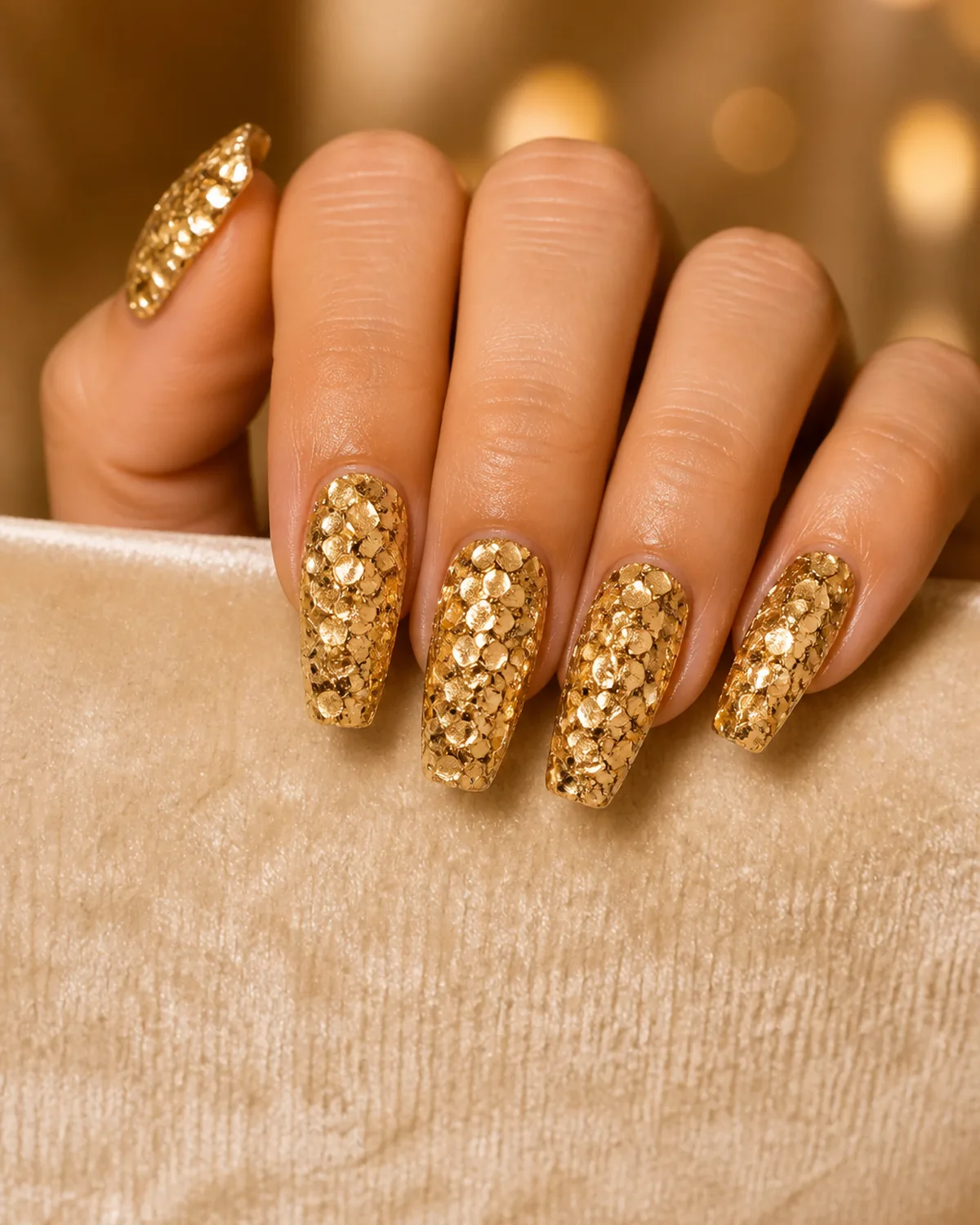 Single hand with chunky gold glitter nails on medium coffin shape with fingers curled over the edge of a cream velvet cushion