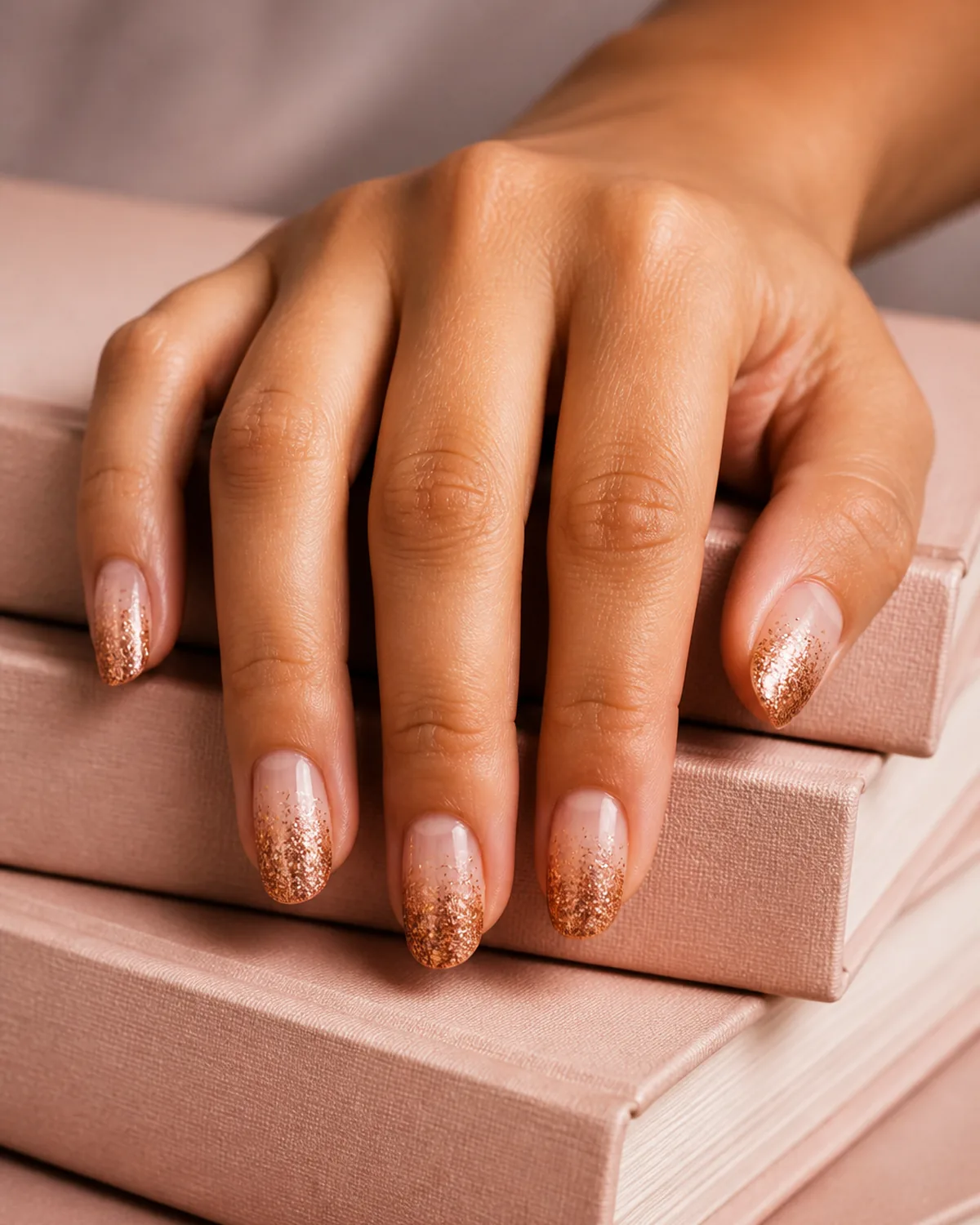 Single hand with rose gold glitter ombré nails on oval shape draped over a stack of blush-toned books with fingertips dangling