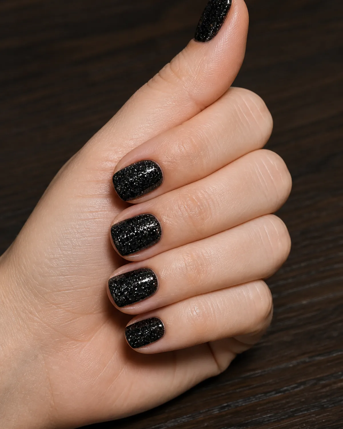 Single hand with black glitter nails on short square shape resting on its side on a dark wooden table