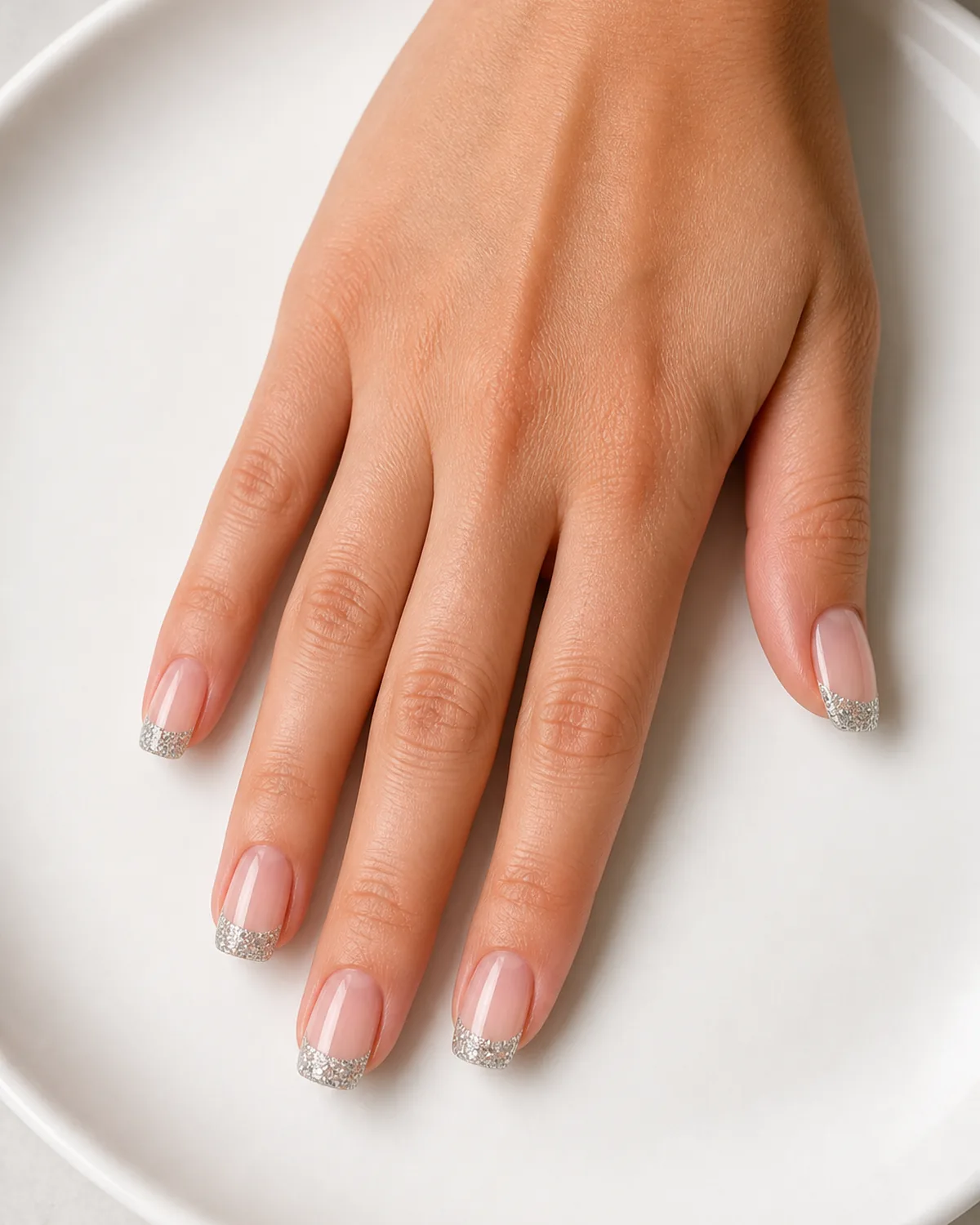 Single hand with glitter French tip nails on squoval shape showing clear base and silver glitter-packed tips resting palm down on a white ceramic plate