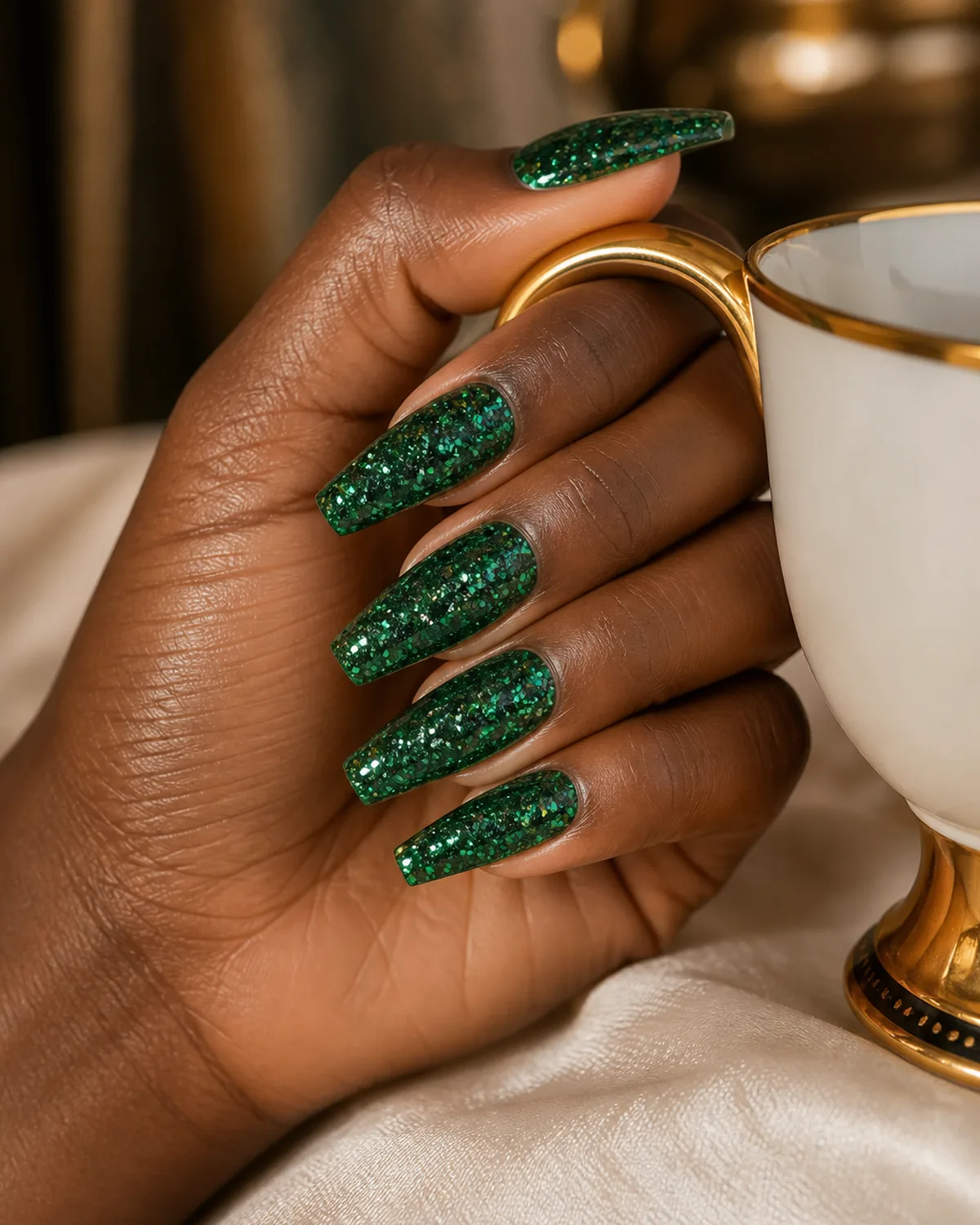 Single hand with emerald green glitter coffin nails with deep green base packed with matching green glitter particles curled around a gold-rimmed teacup handle