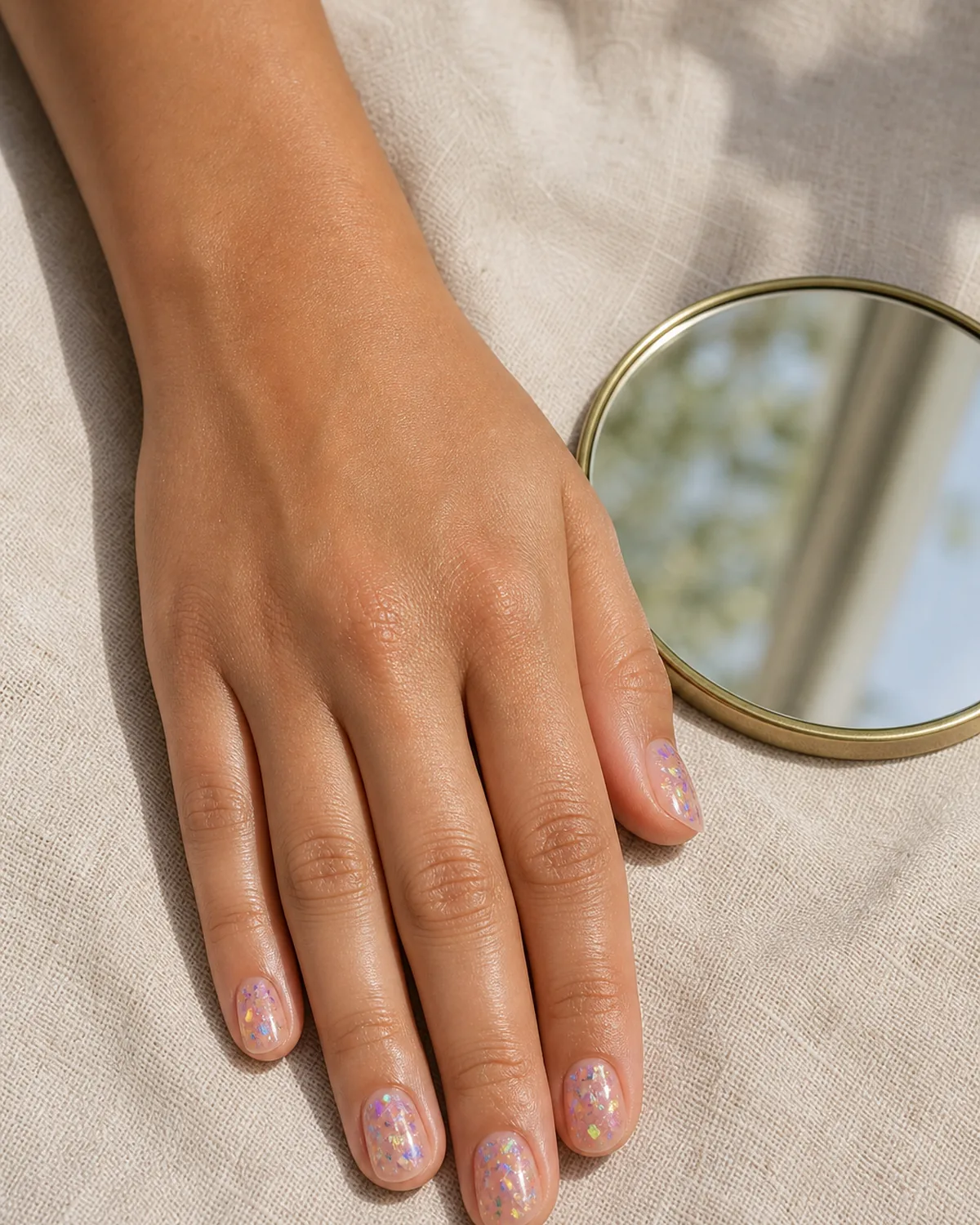 Single hand with iridescent confetti glitter nails on round shape showing irregular holographic flakes over sheer pink base beside a small mirror on linen