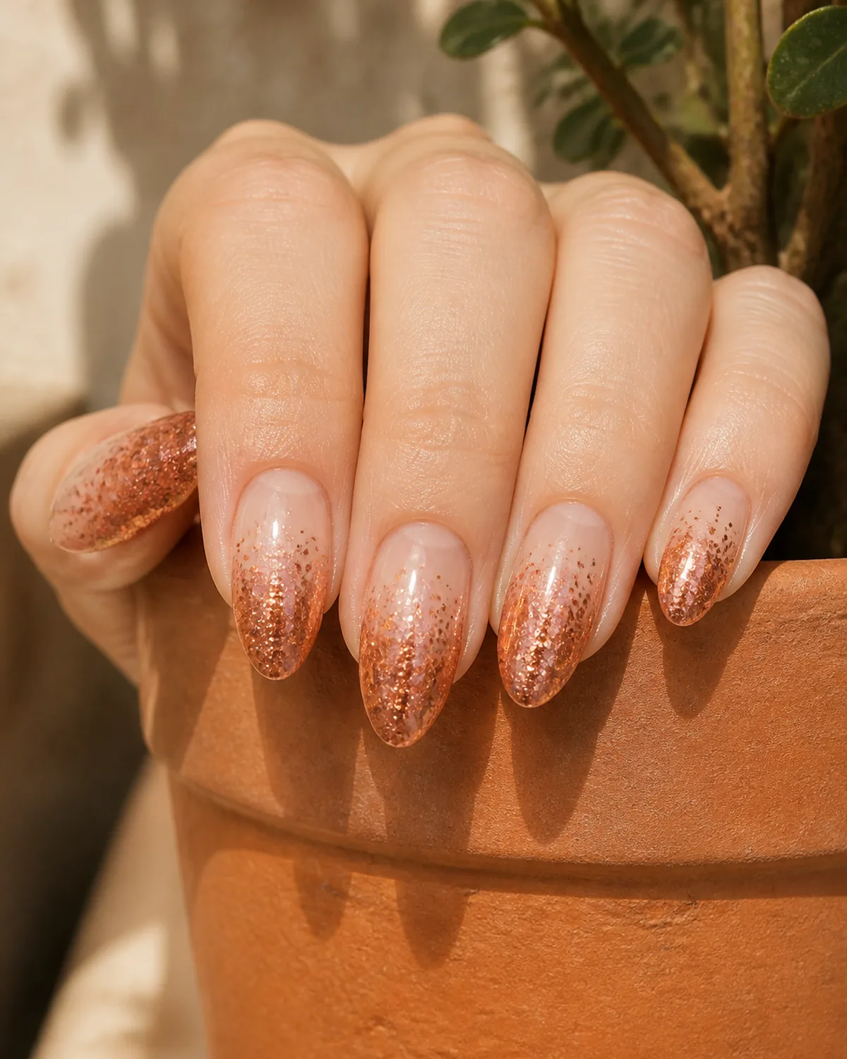 Single hand with copper glitter gradient nails on almond shape with fingertips resting on the rim of a terracotta pot