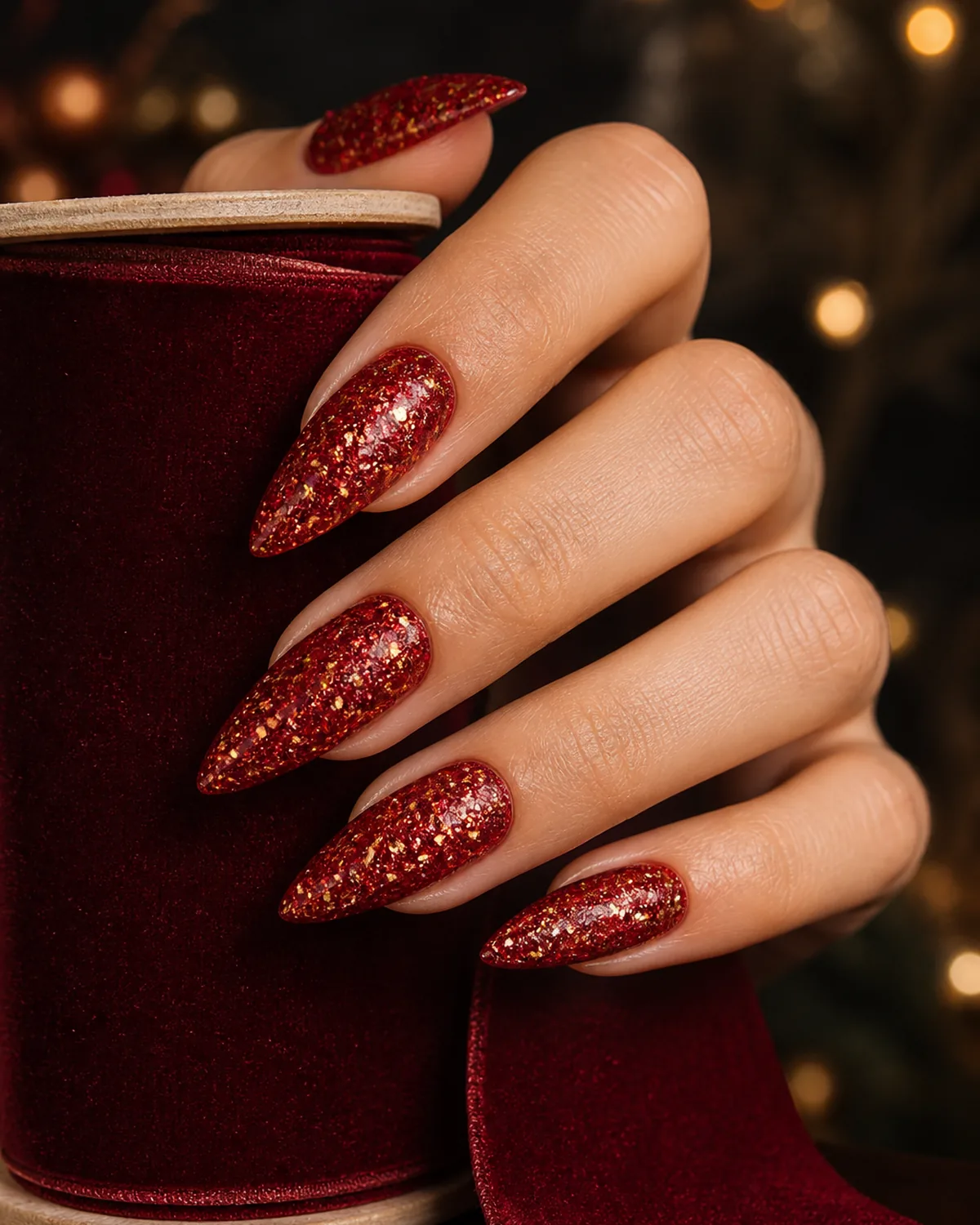 Single hand with red glitter stiletto nails loaded with red and gold micro-glitter resting against a velvet ribbon spool