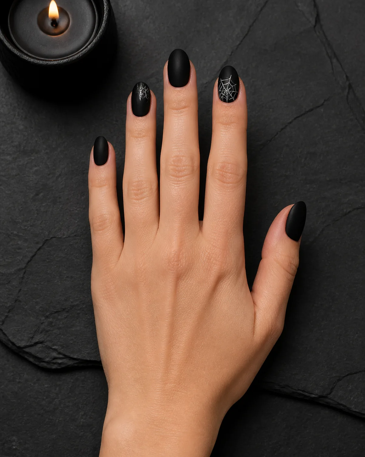 Single hand with matte black nail polish on medium almond shaped nails with delicate white spider web design on ring finger resting palm-down on dark gray slate surface
