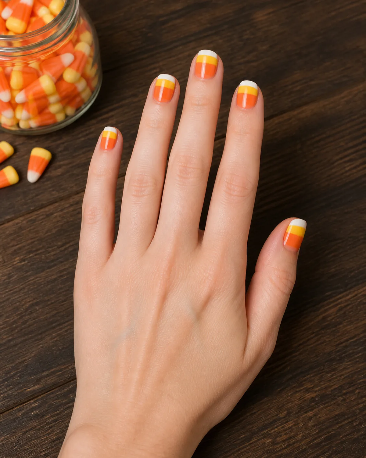 Single hand with candy corn color blocking on short squoval nails showing yellow at cuticle fading to orange in middle and white at tip resting palm-down on dark walnut surface beside small glass jar of candy corn