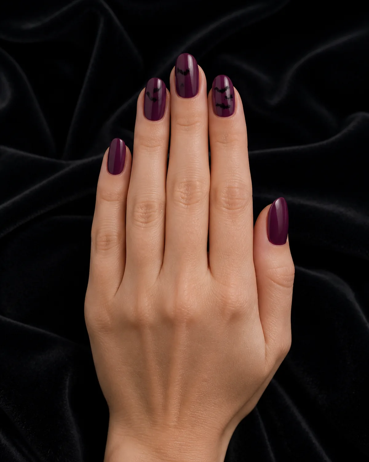 Single hand with deep plum-purple crème nail polish on oval nails with small black bat silhouettes in flight on accent nails resting on folded black velvet cloth on dark surface