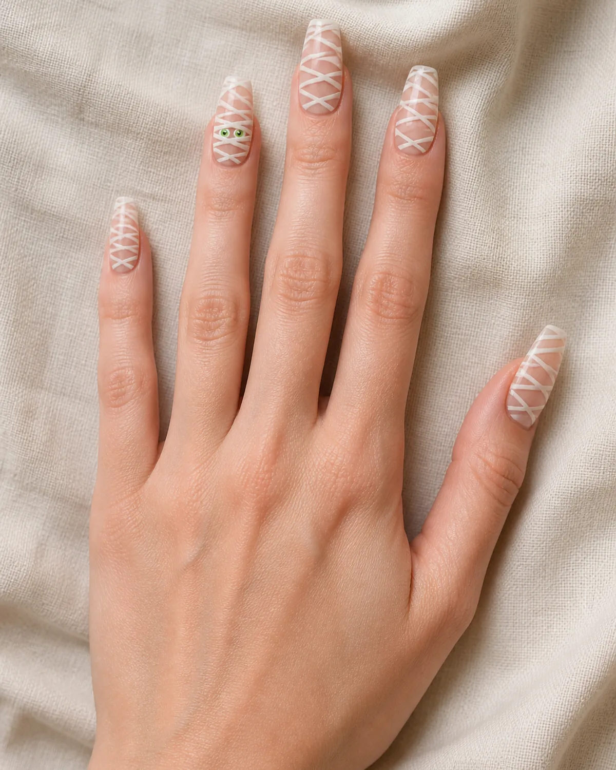 Single hand with sheer nude nail polish on coffin nails with thin white crisscrossing mummy bandage lines and small green dot eyes on ring finger resting on cream linen surface