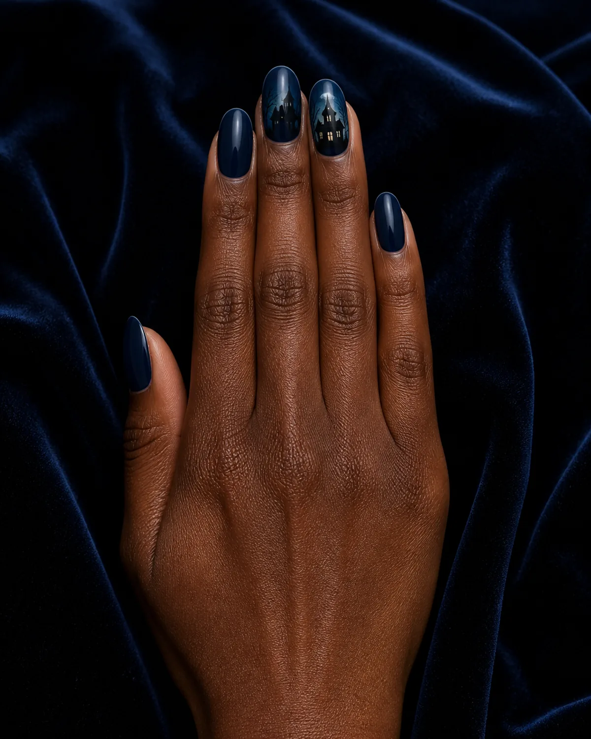 Single hand with deep midnight blue nail polish on oval nails with black silhouette of spooky mansion and bare tree painted across two accent nails resting palm-down on navy velvet surface
