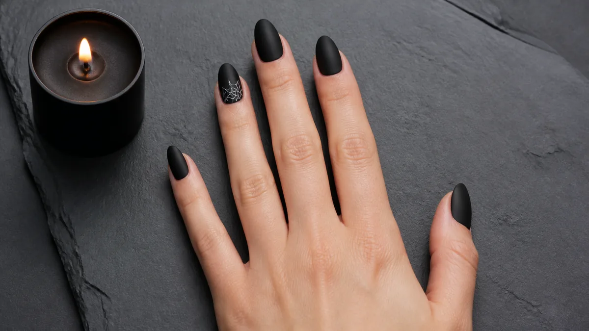 Single hand with matte black nail polish on medium almond shaped nails with delicate white spider web design on one nail resting palm-down on dark gray slate surface beside small black candle