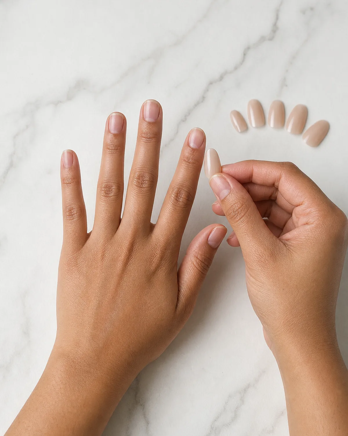 Single hand palm-down on white marble with other hand holding a nude almond press-on nail alongside the ring finger for size comparison