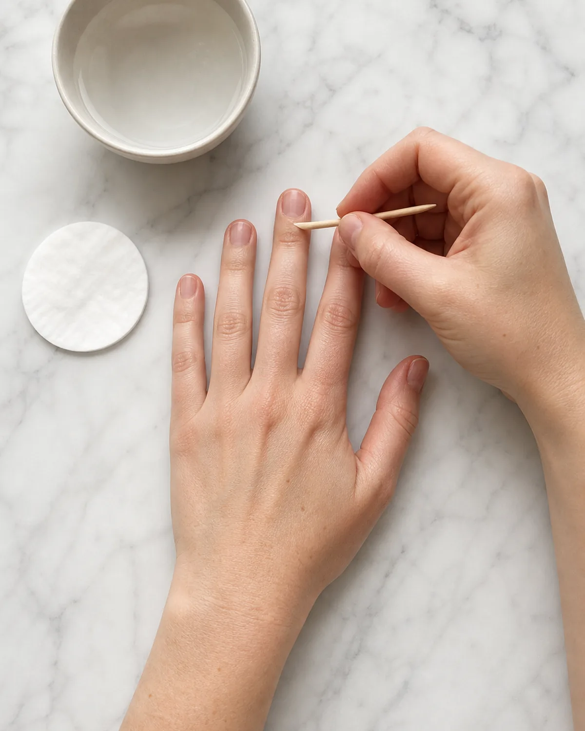 Single hand splayed flat on white marble with other hand pushing cuticle back on middle finger with an orange-wood stick