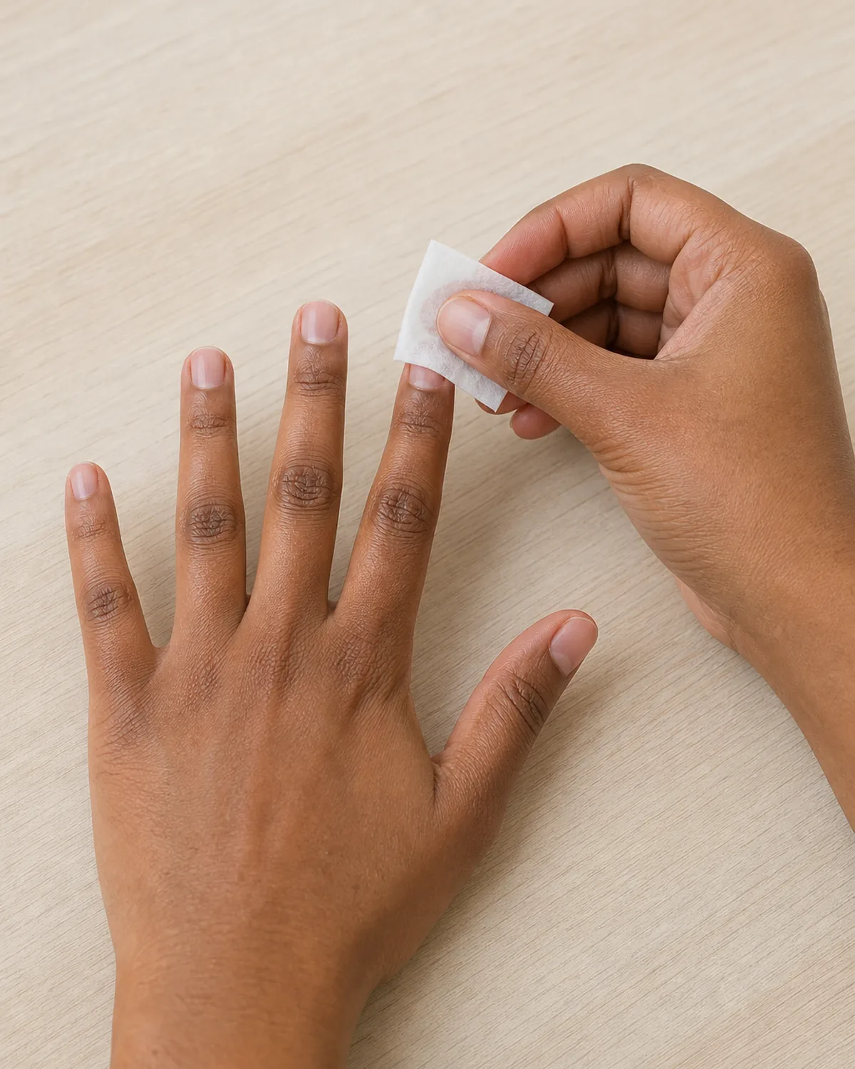 Single hand with fingers slightly spread on pale wood desk while other hand wipes index fingernail with a white alcohol prep pad