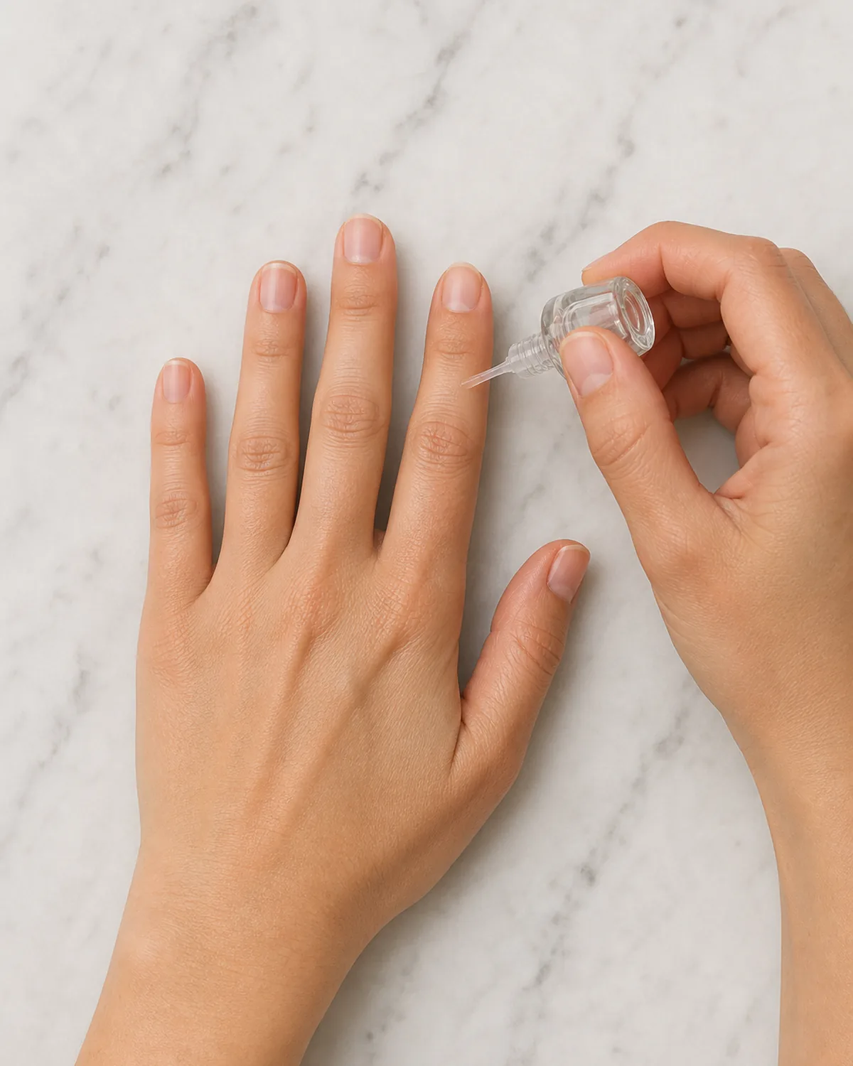 Single hand palm-down on white marble with other hand tilting a small glass nail glue bottle and applying a thin line of glue onto the ring finger nail