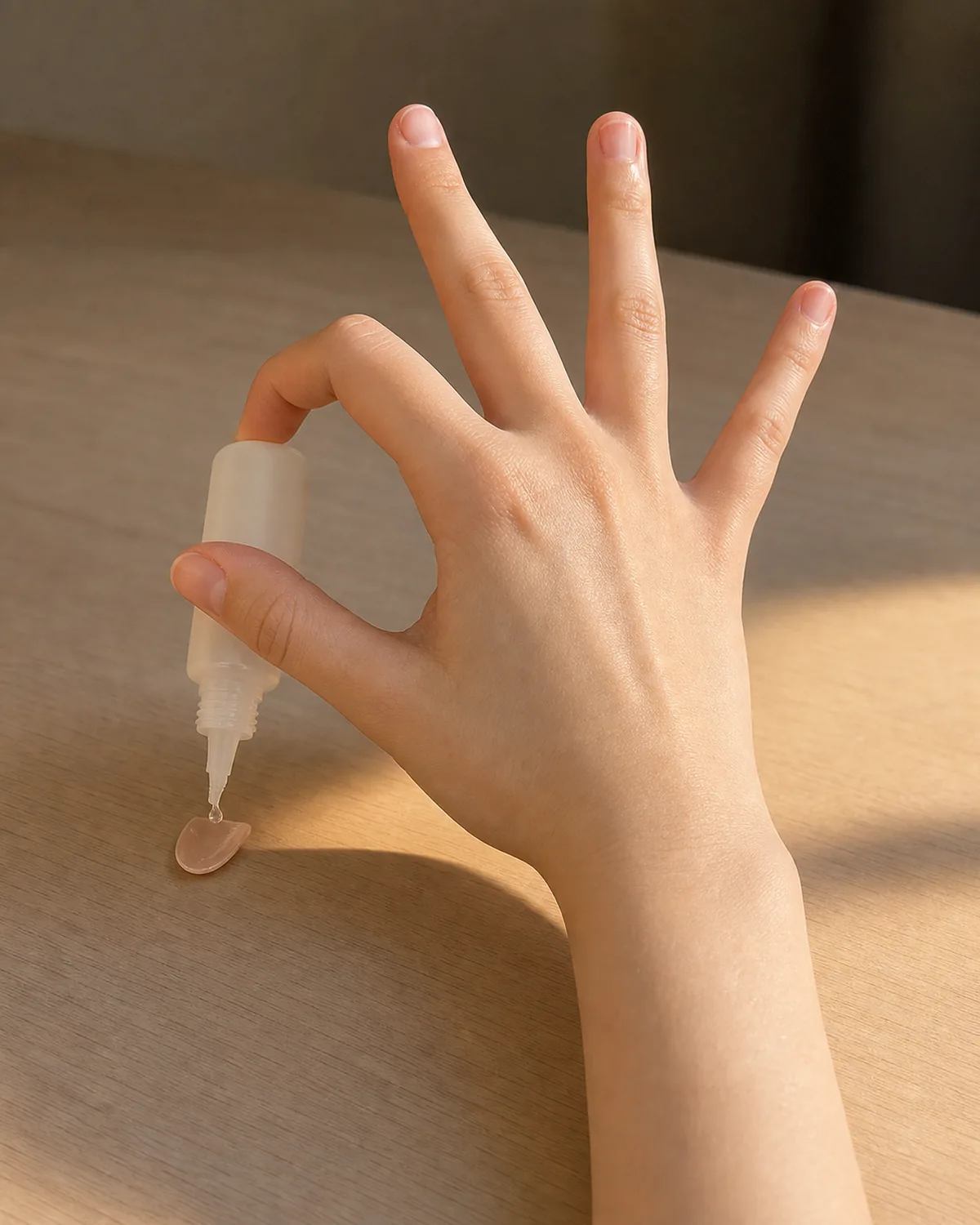 Hand holding a small nail glue bottle over a nude almond press-on nail lying concave-side-up on a pale wood desk, a single clear glue drop falling into the inside curve