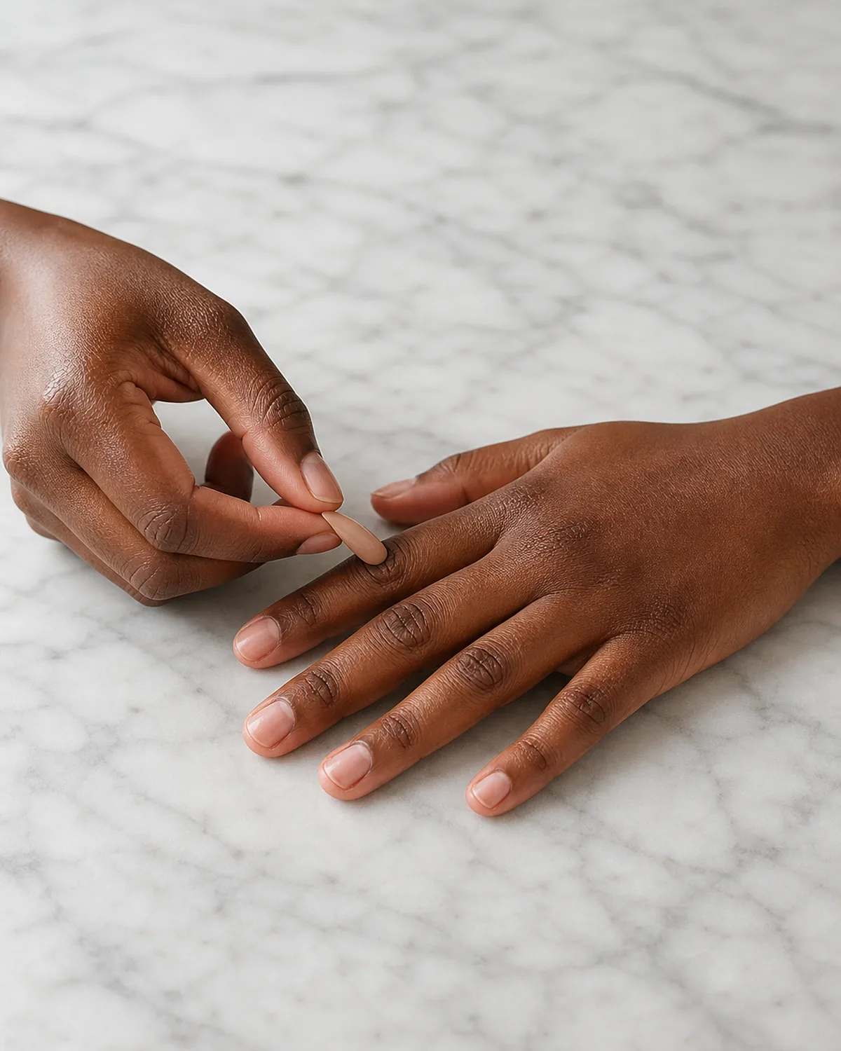 Close-medium side view of a hand palm-down on white marble with other hand placing a nude almond press-on nail cuticle-end first onto the ring finger at a slight downward angle