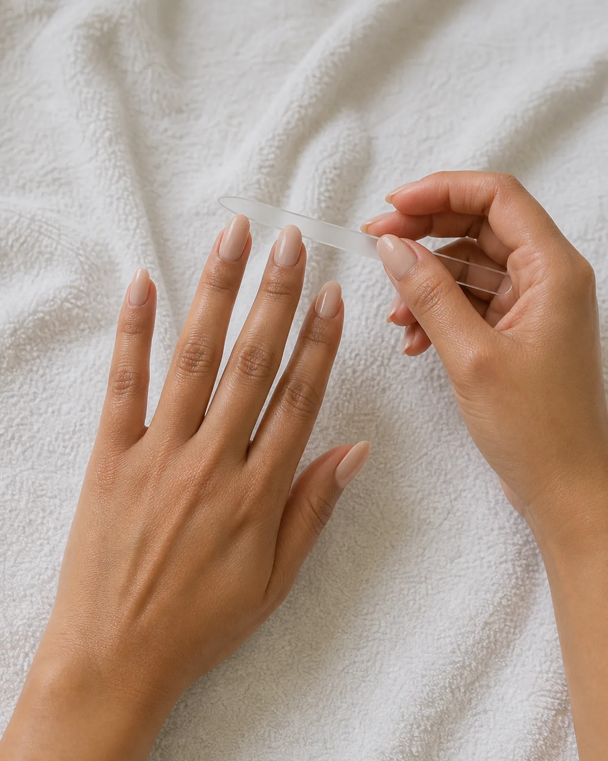 Single hand with all five glossy nude almond press-on nails applied on terry cloth towel, other hand filing the middle finger tip with a glass nail file