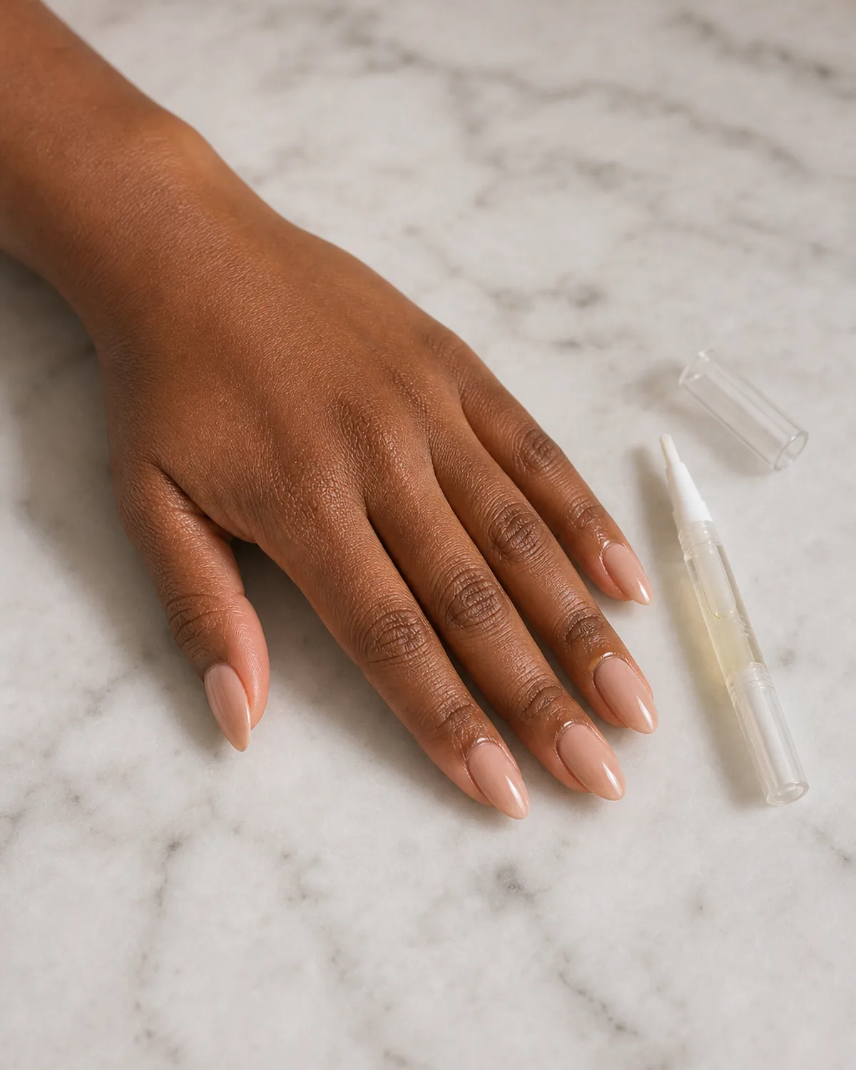 Single hand with completed glossy nude press-on set resting on white marble near a cuticle oil pen with a glistening drop of oil along the ring finger cuticle