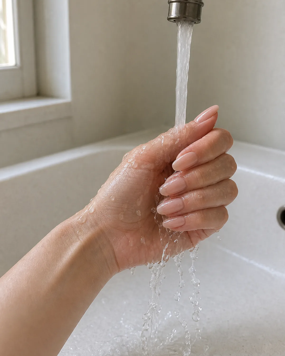 Single hand with complete glossy nude press-on nails held under a gentle stream of water from a faucet, press-on nails catching light through the water