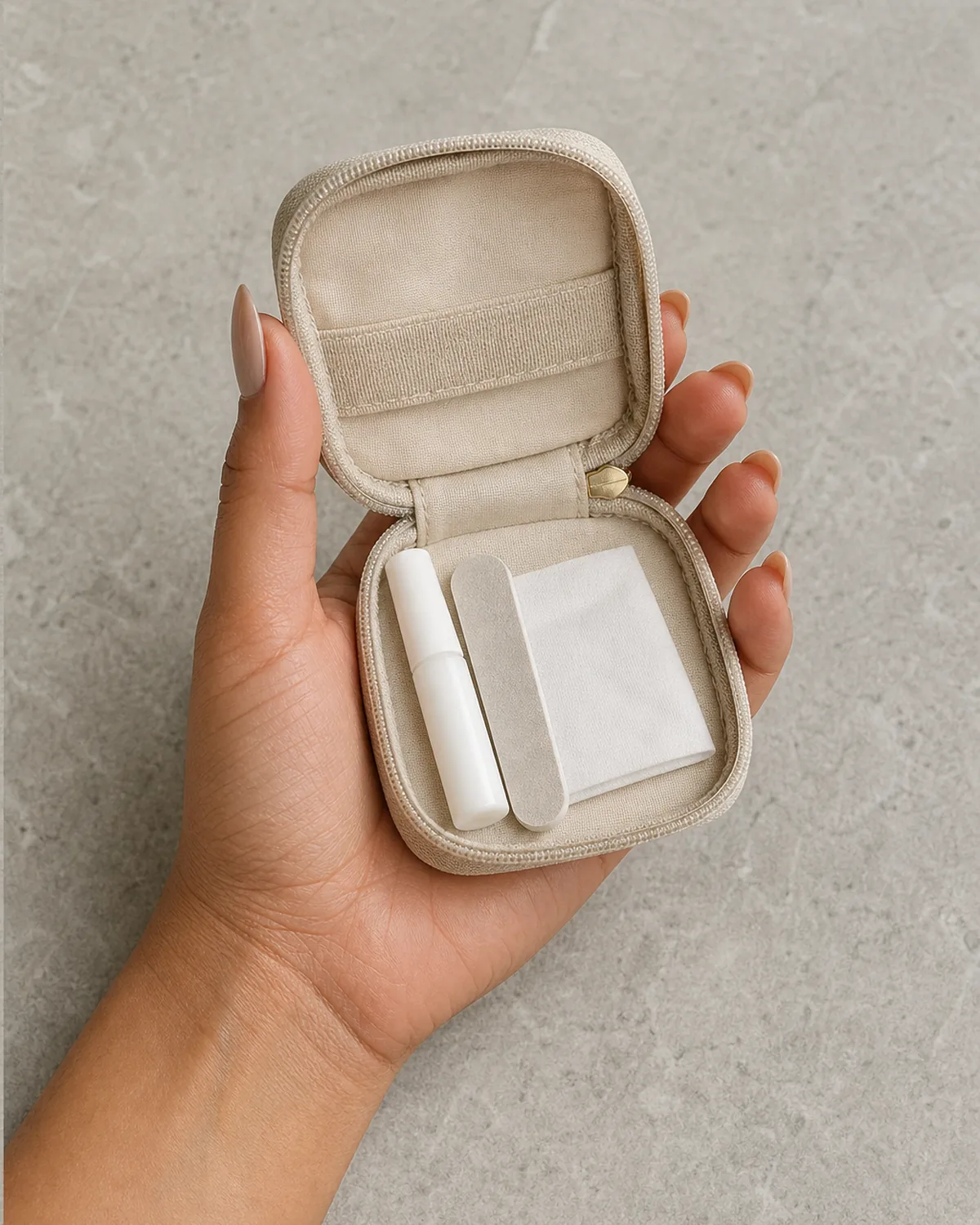 Single hand with complete glossy nude almond press-on set holding a small open travel pouch with mini nail glue tube, small file, and folded alcohol wipe visible inside