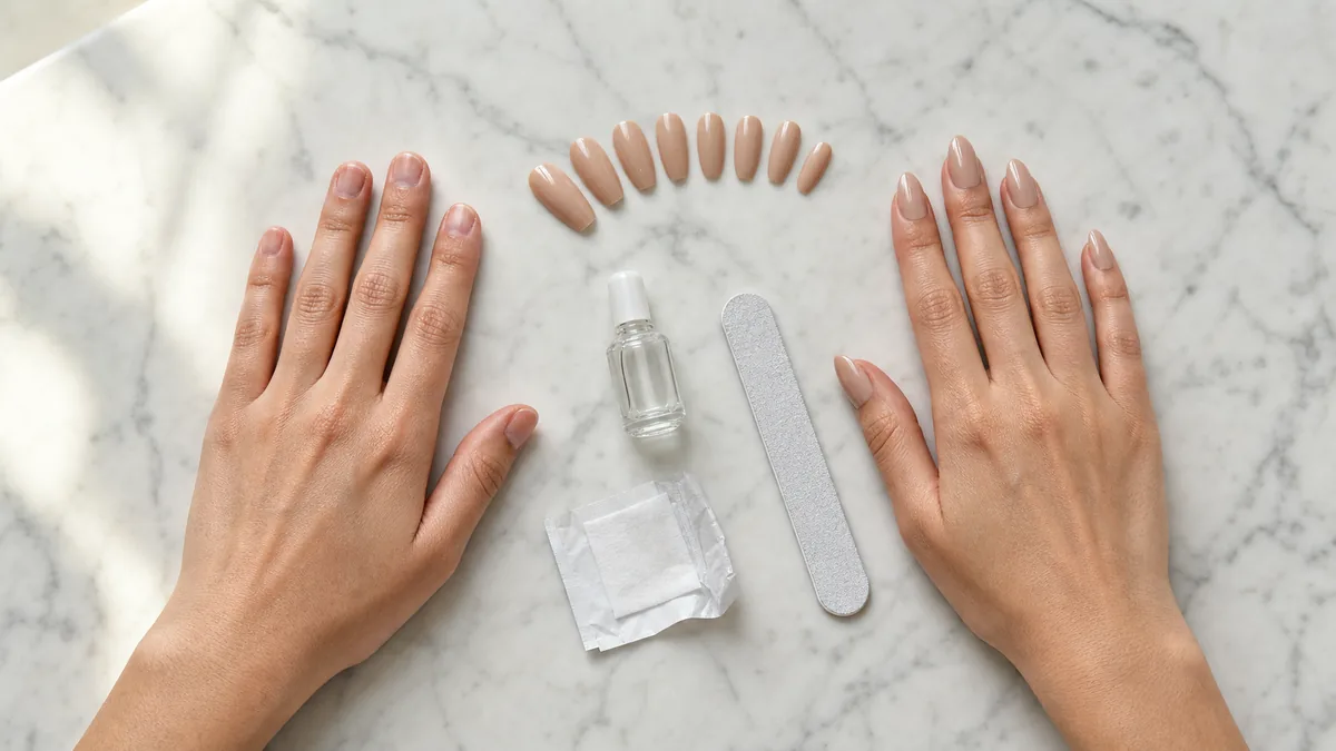 Overhead flat-lay of two hands on white marble — one bare, one wearing glossy nude almond press-on nails — with fanned press-on set, glue bottle, nail file, and alcohol pad between them