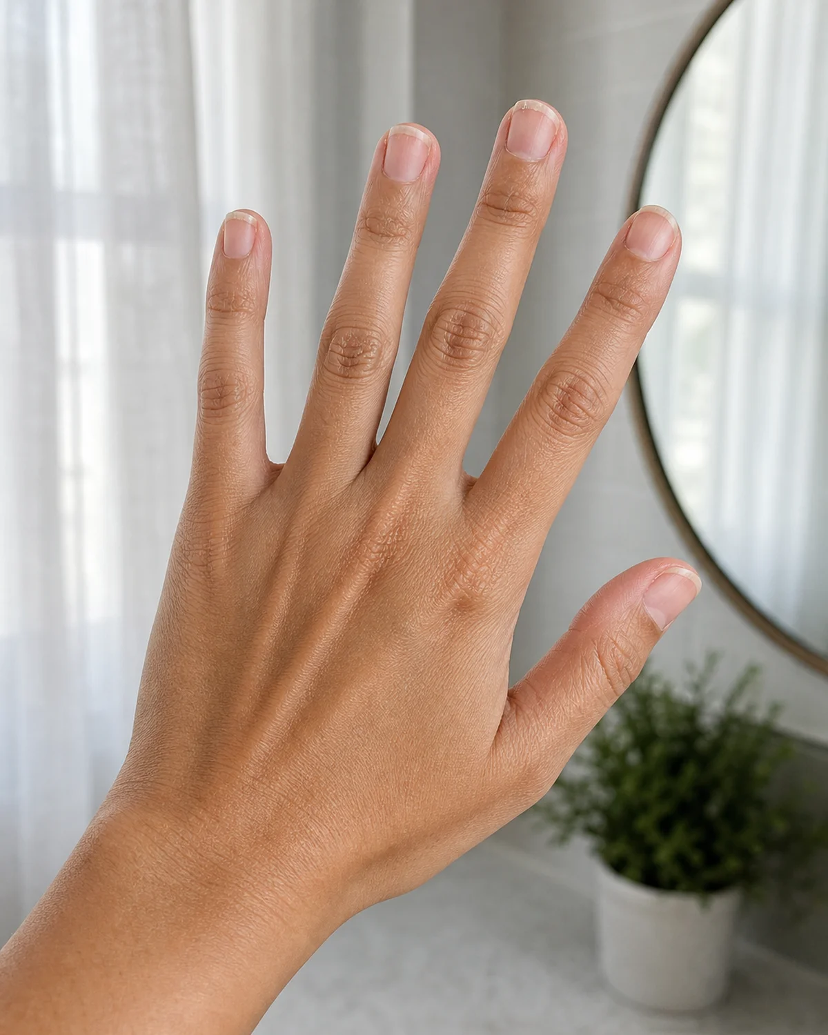 One hand held up with fingers spread apart examining bare natural nails against soft window light