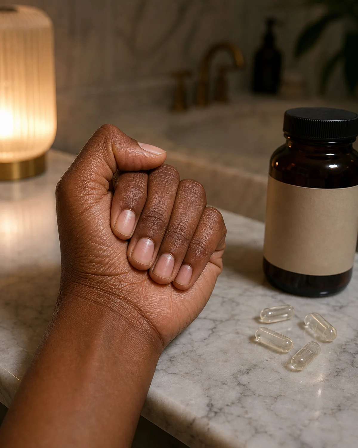 Single relaxed fist with nails facing camera resting on marble vanity beside unbranded amber supplement bottle and clear capsules