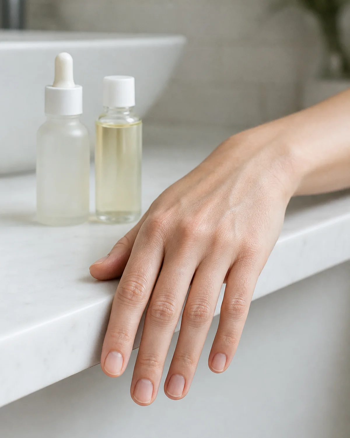 One hand draped over edge of white bathroom counter comparing two small unbranded bottles in side three-quarter angle